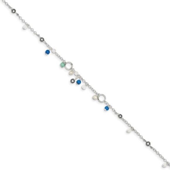 Sterling Silver Turquoise/Clear Bead/FW Cultured Pearl Anklet, NWT - Picture 3 of 4